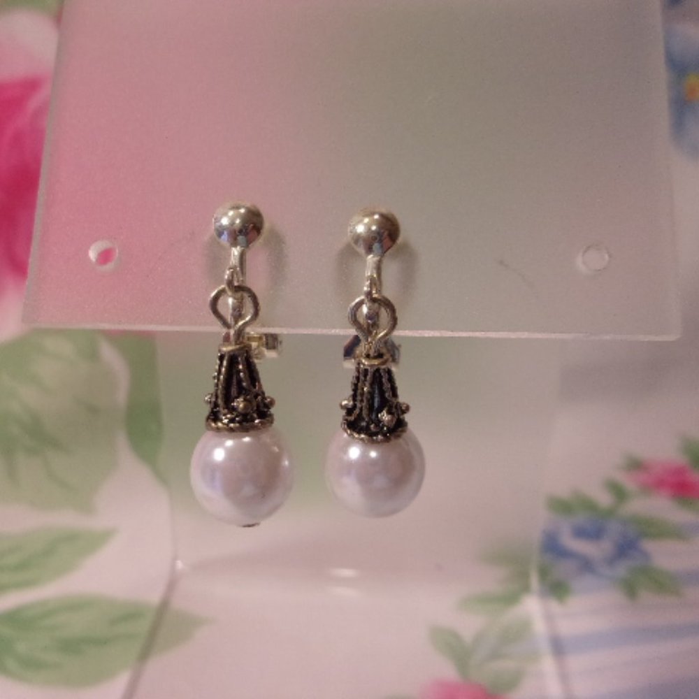 Silver Tone Teardrop Faux Pearl Dangle Clip Earrings Vintage